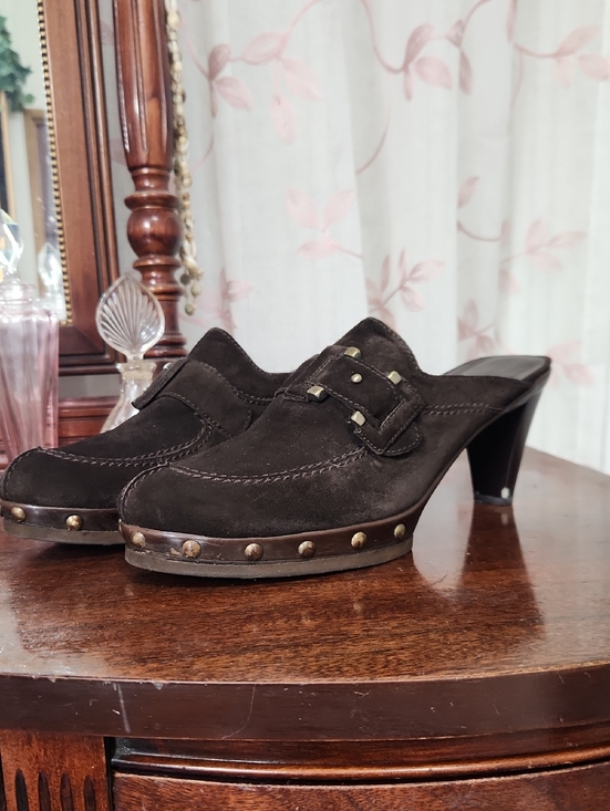 Stuart Weitzman Shoes - Stuart Weitzman Studded Black Suede Mule Heels with Buckle Accent